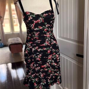 Lily Rose Black Floral Ruched Mini Dress with Tie Straps NWT